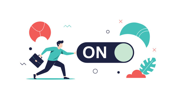 Energetic man running towards a giant toggle switch in the on position to symbolize starting a new project or machine.