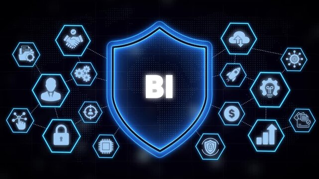 Business intelligence bi shield concept: data analytics, cyber security and digital