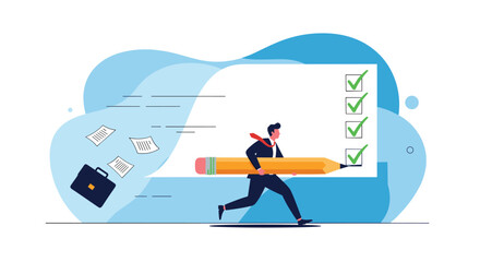 Obraz premium Efficient professional running while holding a giant pencil to mark off a checklist representing productivity and tasks.