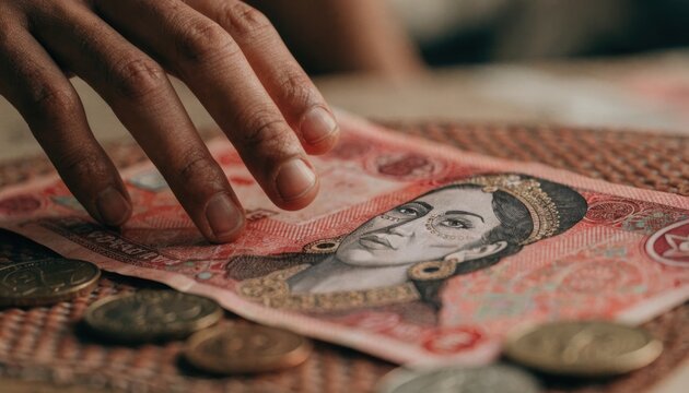 A hand reaching for vintage currency notes and coins spread on a surface, highlighting an old, detailed portrait on the banknotes.