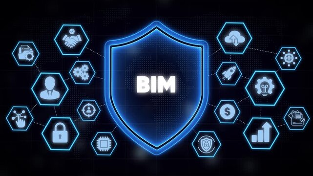 Bim building information modeling concept with digital shield and network animation