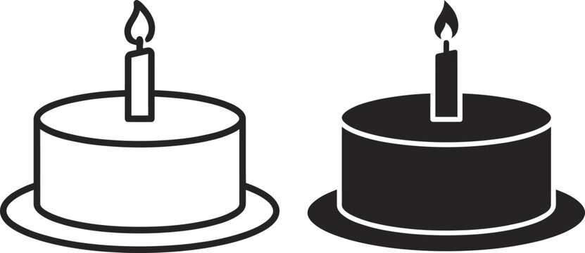 Birthday cake icon set, simple line and solid style, vector illustration of a cake with a single lit candle on a plate