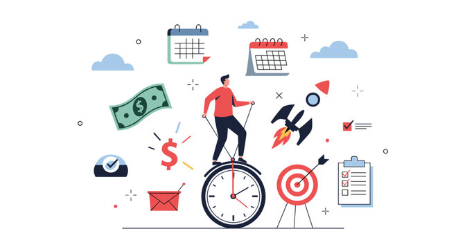 Productive man riding a unicycle with a clock wheel while balancing icons of money, rockets, and business calendars.