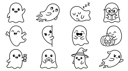 Obraz premium Various smiling ghost illustrations in different poses and expressions on white background for Halloween.
