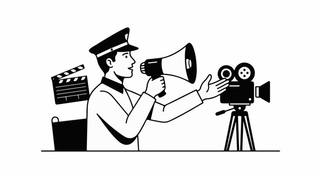 A man in uniform speaks into a megaphone next to a movie camera