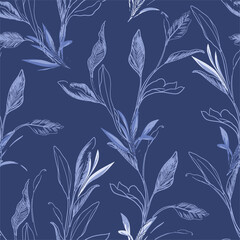 Fototapeta premium Delicate blue botanical line drawings on navy background seamless pattern concept