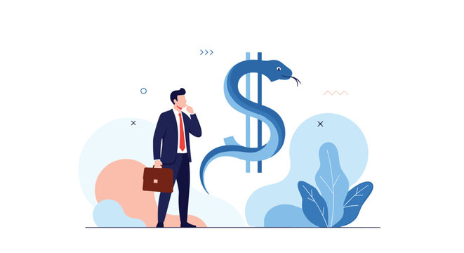 Businessman looks thoughtfully at a dollar sign shaped like a snake, representing caution about financial risks and deceptive wealth.