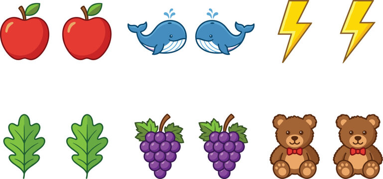 Cute Cartoon Memory Matching Game Icon Set with Paired Animals Fruits and Nature Elements for Children Educational Apps and School Projects
