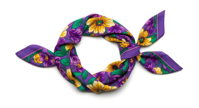 Purple silk scarf with yellow floral pattern tied in knot over white background.