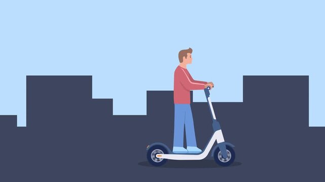 Seamless loopable 4K animation of a young man riding an electric scooter. Flat vector illustration style motion graphic for modern urban transportation, eco-friendly lifestyle, and smart city concepts