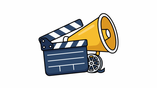 A cartoon-style illustration of a movie clapper and megaphone