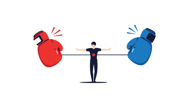 Professional referee standing between two giant red and blue boxing gloves to mediate a conflict and resolve competition in the workplace.