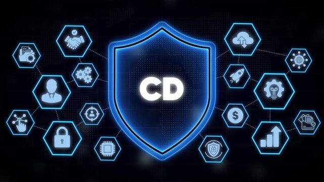 Cd continuous delivery concept with digital shield and network technology animation devops