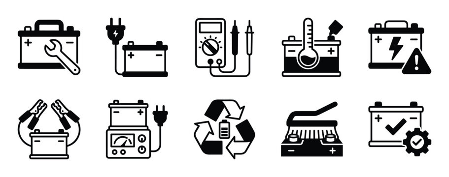 Flat black and white automotive battery maintenance icon set