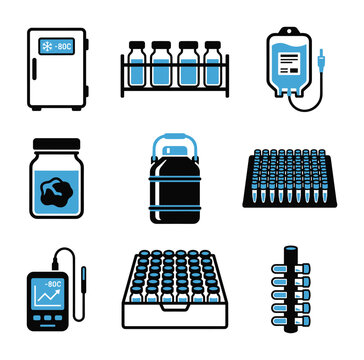 Flat line style medical laboratory icons for sample storage and monitoring