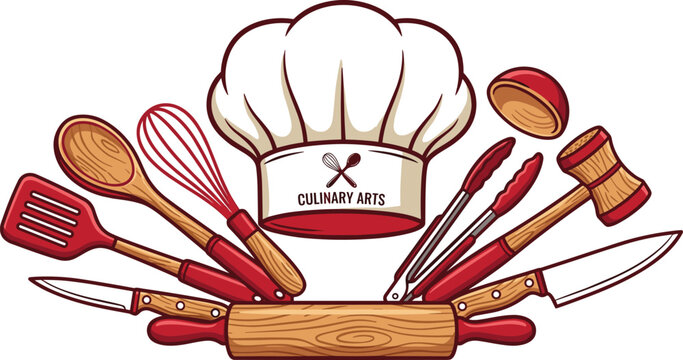 Culinary Arts Logo Vector Emblem with White Chef Hat Wooden Rolling Pin Kitchen Utensils Whisk Spatula Tongs Mallet and Knives for Restaurant Branding
