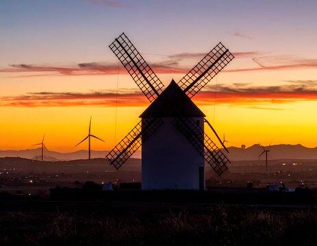Silhouette of a Windmill at Sunset in La Mancha, Spain.
