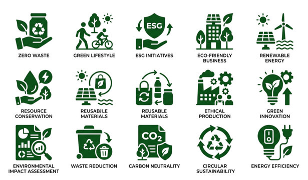 Bold Sustainability and Zero Waste Glyph Icons for Green Lifestyle Applications