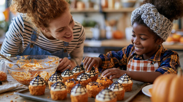 Mother and daughter happily decorating Halloween cupcakes together in a cozy kitchen setting