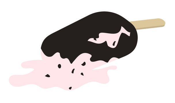 Melted soft serve ice cream in in chocolate glaze fell to the ground and spread into thick, sticky drops. 3D cartoon vector crispy waffle ice cream on white back