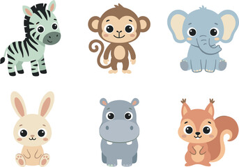Fototapeta premium Cute Cartoon Baby Animal Collection Featuring Zebra Monkey Elephant Rabbit Hippo and Squirrel Vector Character Set