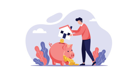 Fototapeta premium Man putting a house into a piggy bank with coins spilling out representing home savings and long term real estate investment.