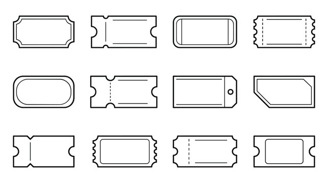 Line art vector set of ticket icons in various shapes and designs.