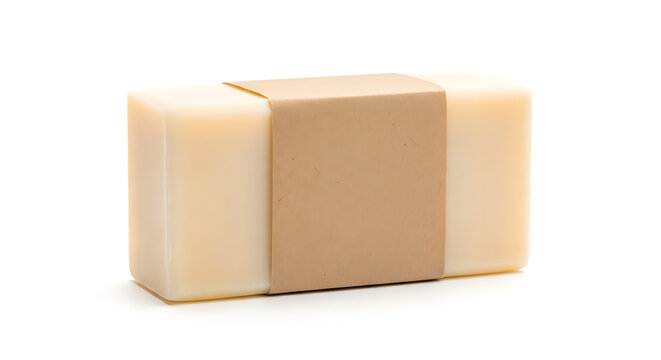 Rectangular bar of plain soap with simple paper band isolated on white background.
