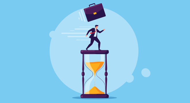 Ambitious businessman runs on top of a giant hourglass to demonstrate the urgency of time management and meeting strict project deadlines.