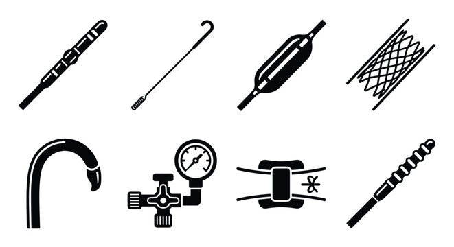 Minimalist black glyph medical icons depicting cardiac catheters stents devices