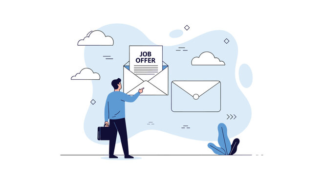 Businessman points towards a large open envelope containing a job offer document to illustrate career recruitment and hiring opportunities.