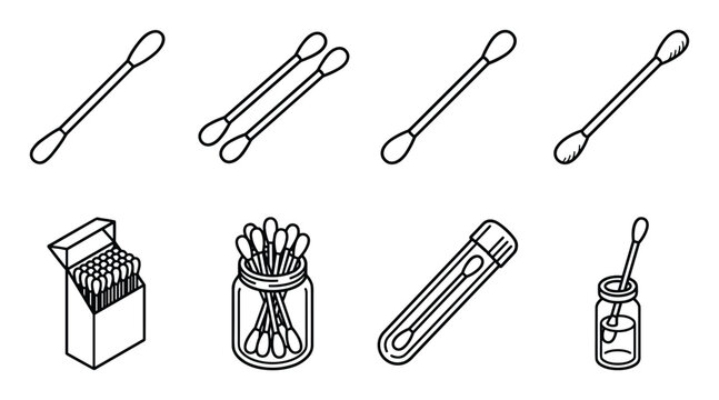 Minimalist medical cotton swab icons. Outline personal hygiene tools.