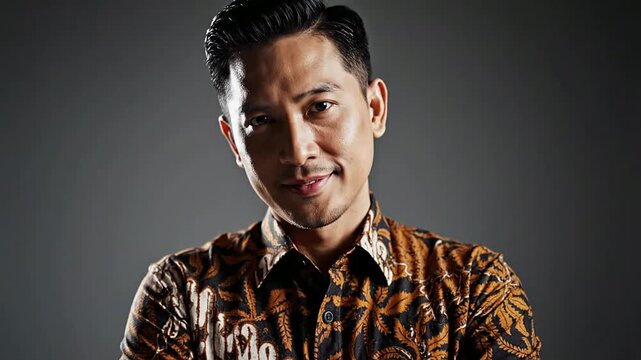 Professional Indonesian Man in Premium Soganan Batik Shirt, Crossed Arms Portrait Against Dark Studio Background