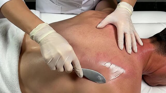 Professional Massage Therapy Session Focusing On Gua Sha Treatment Of Posterior Deltoid And Trapezius Muscles For Relaxation And Pain Relief