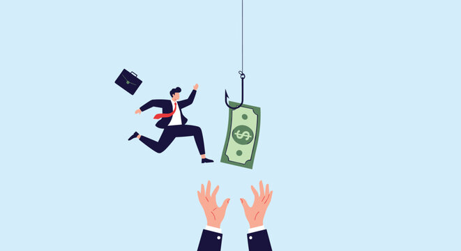 Risk taking businessman jumps toward a dollar bill used as bait on a large fish hook representing financial lures and dangerous traps.