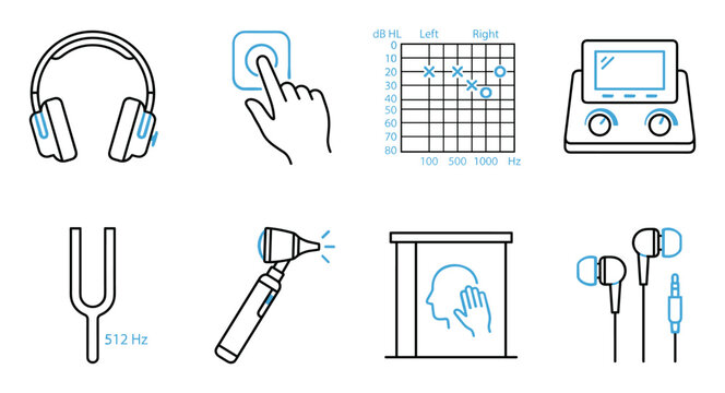 Minimalist medical icons for audiology and hearing test equipment.