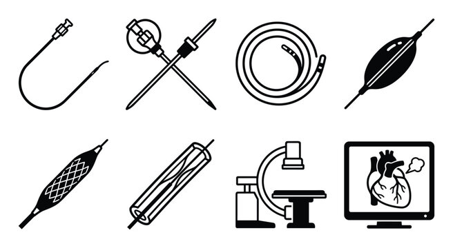 Minimalist medical icons grid showing cardiology tools and imaging equipment.