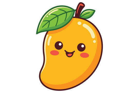 Cute cartoon mango fruit with smiling face and green leaf