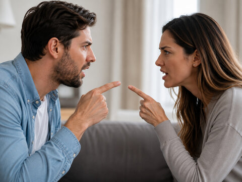 Angry Couple Arguing, Pointing Fingers at Each Other