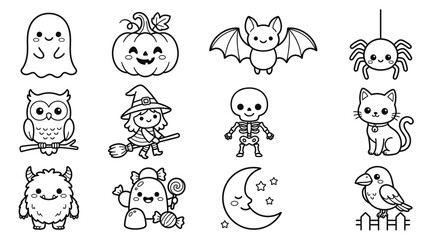 Fototapeta premium Halloween characters and animals illustrated in black and white on a white background together.