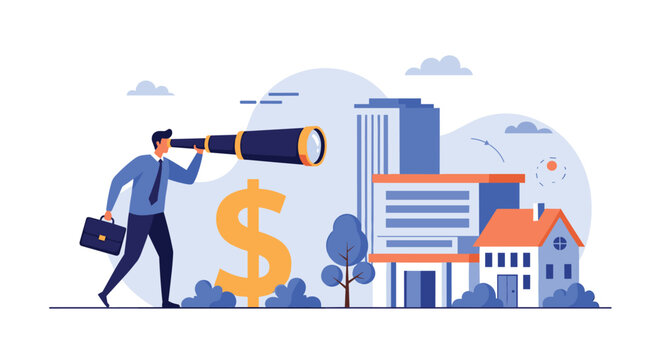 Investor uses a telescope to view a city and a house near a giant dollar sign representing the search for profitable real estate properties.