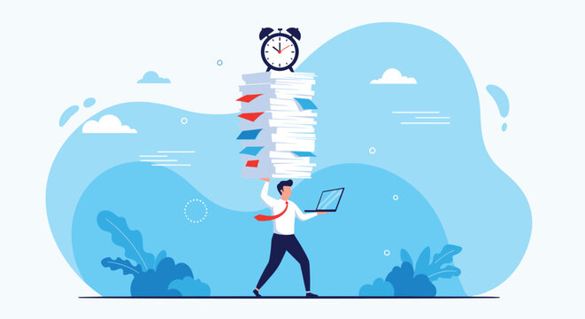 Businessman balancing heavy stack of paperwork and laptop while under pressure from time constraints and deadlines.