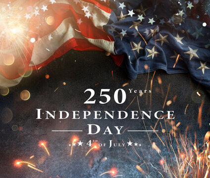 Independence Day Card - 250 Years Anniversary - Text With American Flag With Fireworks, Glittering And Abstract Bokeh Lights