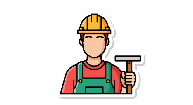 A cartoon illustration of a construction worker wearing a yellow hard hat red shirt and green overalls holding a hamm