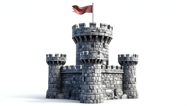 Majestic Stone Castle with Tower and Flag on White Background.