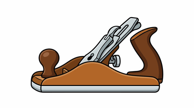 A brown and silver woodworking hand plane with a wooden handle and knob