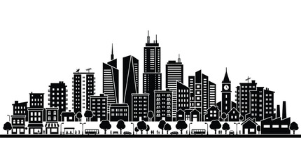 Fototapeta premium Detailed black and white vector graphic illustration showing a modern urban cityscape with tall skyscrapers