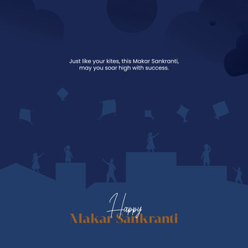 Happy Makar Sankranti Greeting Card With Kite Flying, String Spool, Silhouette People And Surya (Sun) On Yellow And White Background.