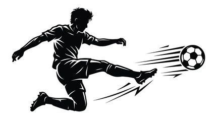 Obraz premium Dynamic black vector illustration of a professional male soccer player kicking a fast moving ball