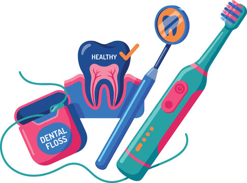 Dental Oral Hygiene Care Vector Concept with Electric Toothbrush, Floss Dispenser, Mouth Mirror, and Healthy Tooth Anatomy Cross Section for Dentistry Designs